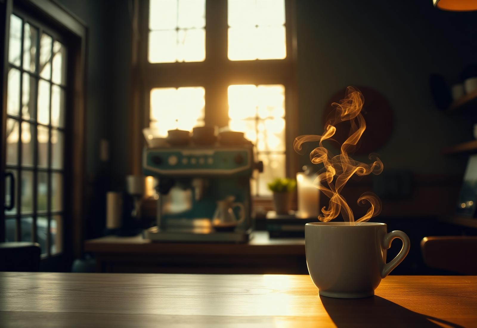 Warm cafe interior at golden hour with an espresso being pulled
